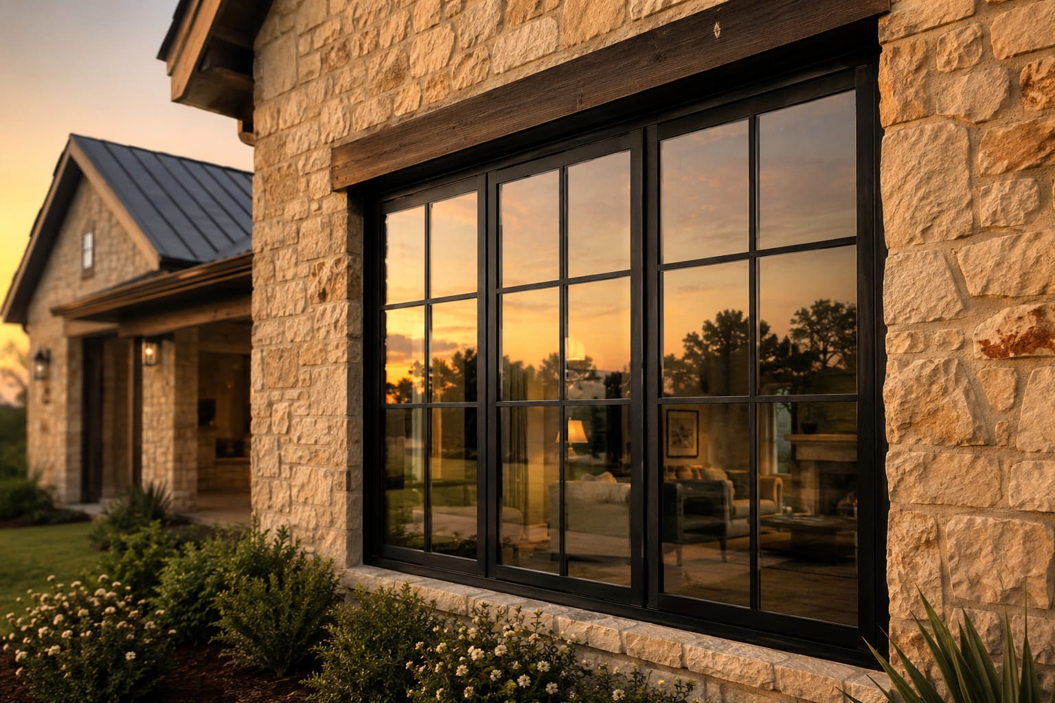A Texas home with black-frame Robinson 200 Series windows in bright daylight